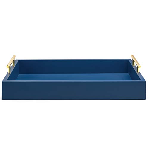 Esther Decorative Coffee Table Tray Navy Blue Wood Serving Tray for Ottoman, Polished Gold
