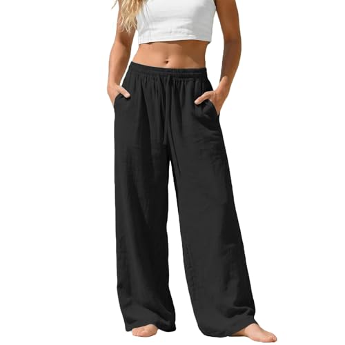 RUIRUILICO Women's Linen Pants Summer Casual Lightweight Wide Leg Pants Elastic Waist Baggy Beach Pants Plus Size Drawstring Pockets Solid Color