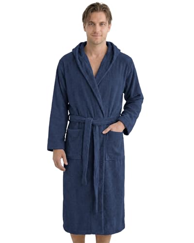 LAYNENBURG Men's Terry Towelling Bathrobe Made of 100% Cotton – Oeko-Tex Standard – Soft Dressing Gown Calf Length with Hood, Tie Belt and Patch Pockets – Ideal for Sauna and Home (M-XXXL)