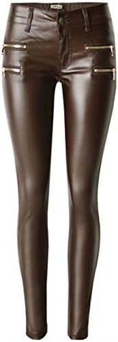 DigerLa Women's Fashion Slim Double Zipper Skinny Leather Pants Feet Coffee