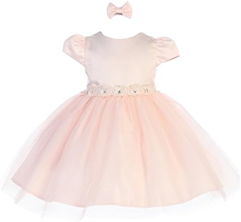Baby Girls Blush Rhinestone Center Flower Adorned Satin Flower Girl Dress 18M