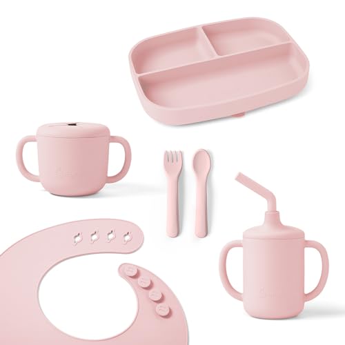 Ergobaby Childrens Deluxe Tableware Set for Babies and Toddlers from 6 Months, Baby Tableware Set with 2 Cups, Tray, bib and Cutlery, Without BPA, PVC and phthalates, Blush Pink