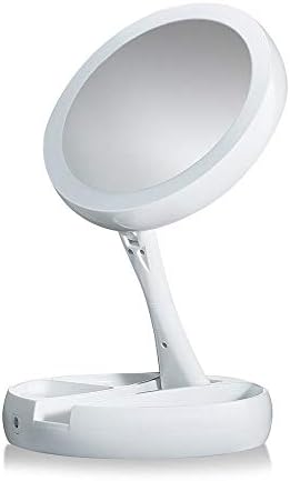 ZeroZ Double Sided LED Lighted Folding Makeup Mirror Tabletop Dimmable Travel Mirror with Lights Batteries or USB Charging 180°Rotation 10x Magnifying