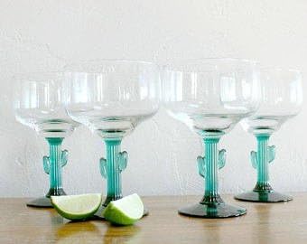Margarita Glasses W/Cactus Green Decor Stem 16 oz New (4 pack)