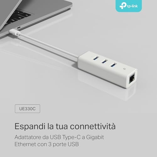 Adattatore USB Ethernet UE330C USB 3.0 Type C con 3 Porte, Gigabit Ethernet, Plug & Play, Compatto e leggero, Windows 11/10/8.1/8/7, MacOS, iPadOS, Chrome OS, Linux OS, Nintendo OS