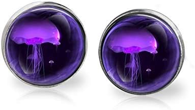 Purple Jelly Fish Stud Earrings Stainless Steel 12mm Hypoallergenic - Glass Top