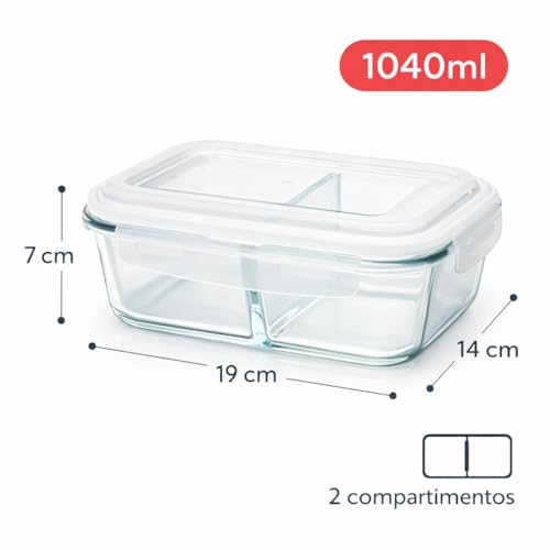 Kit com 5 Marmitas de Vidro com Divisória 1040ml - Potes Herméticos com Tampa e 2 Compartimentos - Ideal para Meal Prep Fitness - Vai ao Microondas, Forno e Freezer