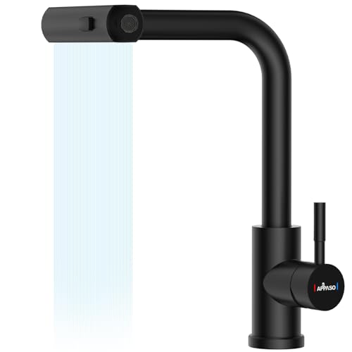 APPASO Grifo de cocina en cascada con rociador extraíble, grifo de cocina negro con rociador 3 modos, grifo mezclador de fregadero de cocina giratorio 360° de acero inoxidable SUS304 (Negro Mate)