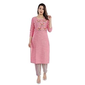 Sanganeri Kurti Womens Cotton Embroidred Kurta With Printed Pant Set (Pink)