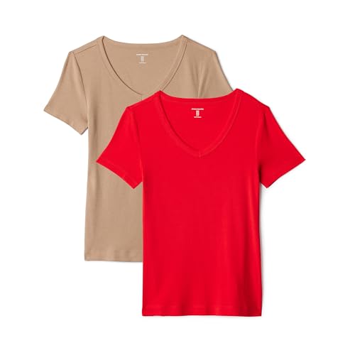 Amazon Essentials Women's 2-Pack Slim-Fit Short-Sleeve V-Neck T-Shirt, Bright P…