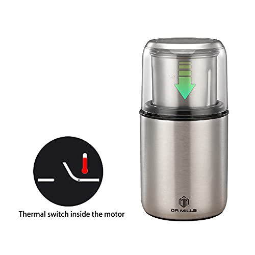 DR MILLS DM-7452 Electric Coffee Grinder,Spice Grinder Electric and chopper,detachable cup,Grinder diswash free, Blade & cup made with SUS304 stianlees steel