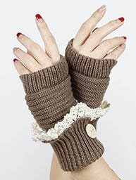 Women's Brown Laced Fold Over Hand Wrist Warmer Button Accent Knitted Gloves. One Pair. 100% Acrylic. One Size.