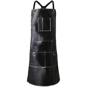 QeeLink Chef Apron for Men & Women Waterproof Leather Apron with 6 Pockets & Cross-Back Straps | Kitchen Apron | BBQ Apron | Cooking Apron | Barber Apron | Barista Apron | Work Shop Apron | (Black)