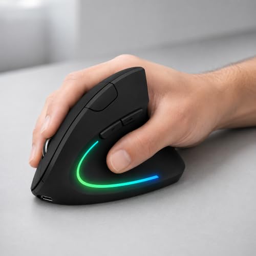 Mouse Ergonômico Vertical Recarregável Sem Fio, Bluetooth 5.0 + USB 2.4G, Cliques Silenciosos, RGB, DPI Ajustável 800-2400, Compatível com Notebook e PC