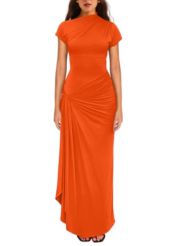 YMDUCH Women's Casual Short Sleeve Boat Neck Ruched High Split Bodycon Long Party Dress