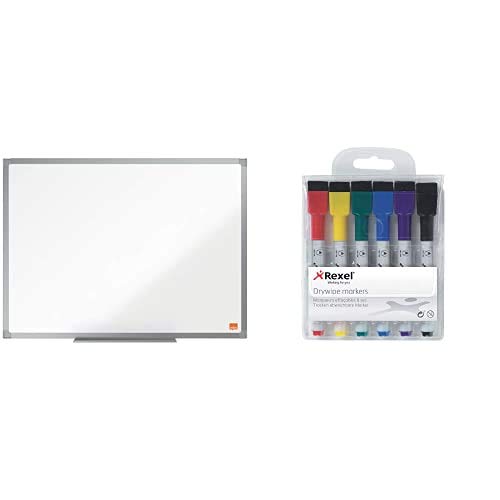 Nobo Enamel Magnetic Whiteboard, 600 x 450 mm with Rexel Dry Erase Markers, Pack of 6 Bundle