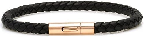 Braided Black Leather Bracelet for Men Women 5mm with IP Rose Gold Stainless Steel Clasp, 8.25”