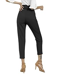 prance Pantalón casual de dama estilo bolsa de papel, cintura elástica, delgado, con bolsillos