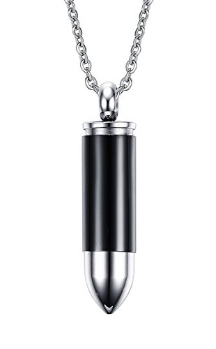 Blowin Stainless Steel Bullet Pendant Memorial Cremation Ash Urn Vial Tube Keepsake Necklace 20 Inch Chain, Black Silver