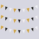 Triangle Flag Bunting Banner, MerryNine 3 Pack 30 Feet Vintage Style Pennant Banner for Wedding, Baby Shower, Event & Party Supplies 45pcs Flags (Triangle Flag - Black White Gold Glitter)