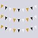 Triangle Flag Bunting Banner, MerryNine 3 Pack 30 Feet Vintage Style Pennant Banner for Wedding, Baby Shower, Event & Party Supplies 15pcs Flags (Triangle Flag - Black White Gold Glitter)