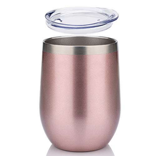 Civago Insulated Stemless Wine Tumbler Glass with Lid, 12 oz Stainless Steel Double Wall Vacuum Wine Cup for Wine, Coffee, Drinks, Champagne, Cocktails, Gifts(Rose Gold, 1 pack)