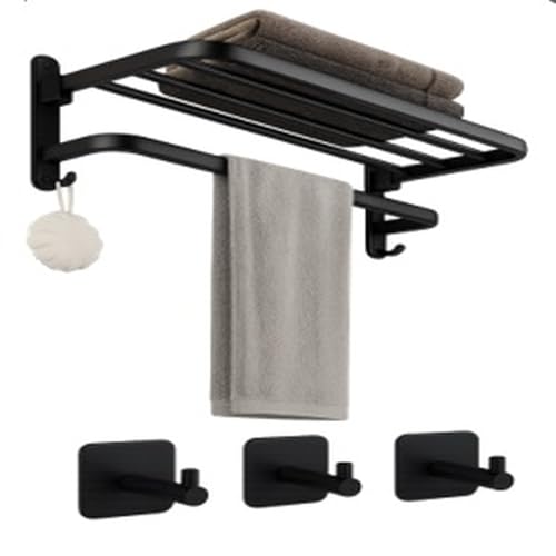 P&C HOME Drill-Free Adhesive Towel Rail with Shelves and 4 Hooks - Matte Black Stainless Steel - Waterproof - Organizer for Towels and Accessories,