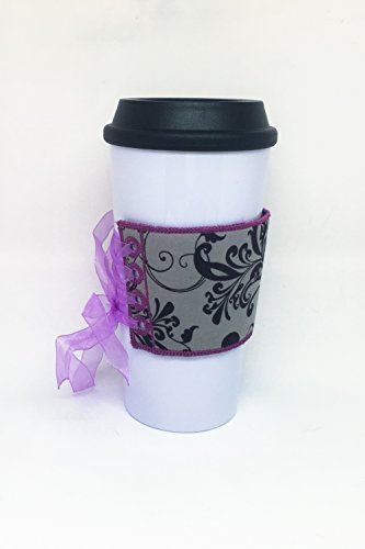Embroidered Coffee Corset - Purple, Gray, and Black Reversible Fabric Coffee Cozy Cup Wrap Sleeve
