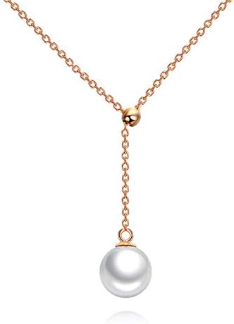 Qamra 925 Sterling Silver Freshwater Cultured Pearl Necklace for Women Y Style 18K Rose Gold Plated Pendant 18" Adjustable