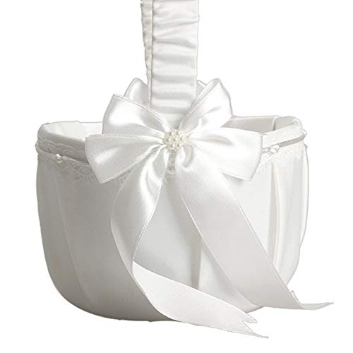 White Ivory Bow Wedding Blower Basket Ceremony Festive Party Love Case Satin Flower Girl Basket - Thumbnail 4
