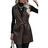 Solyinne Women's Faux Leather Long PU Vest Sleeveless Open Front PU Leather Vest Jacket with Belt