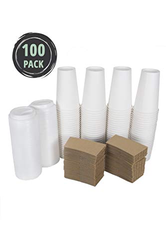 CucinaPrime 100 Pack Paper Coffee Hot Cups WHITE with Travel Lids and Sleeves - 20OZ