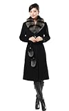 Queenshiny Long Women's Cashmere and Wool Coat Overcoat with Blue Fox Collar-Black-S(4-6)
