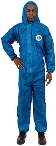 ViroGuard Disposable Coveralls Suit with Hood | Comfortable Full Body Suit | Cleaning (Blue) (Case of 25) (3XL, Elastic Wrists & Hood)