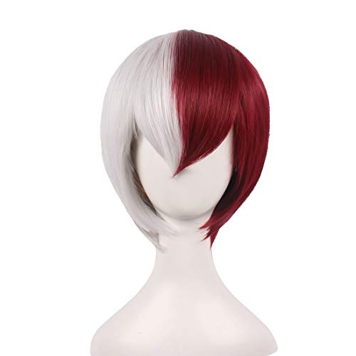 Wildcos Two Tone Half Silver White Half Red Short Cosplay Wig For