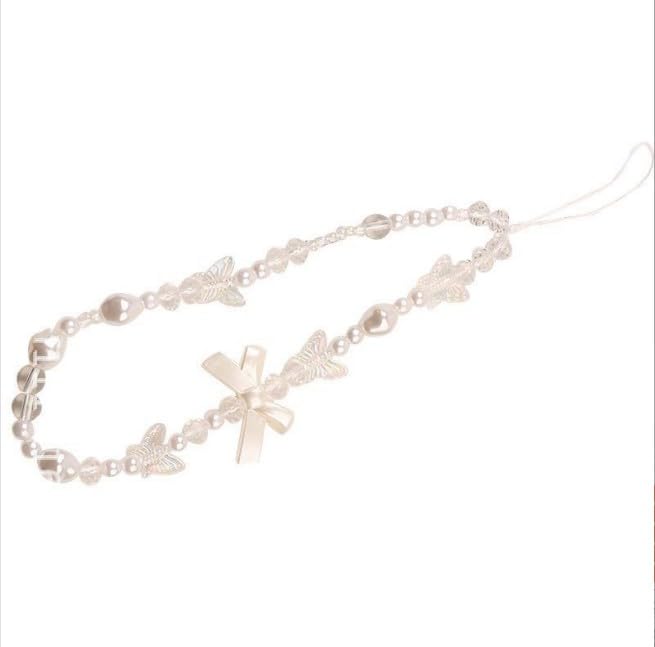 Photo 1 of White Mobile Phone Lanyard Universal Chain Black Bow White Pearl Beaded Phone Lanyard Wrist Strap Anti Lost Charm Strap Fashion Case Keychain Cell Pendant