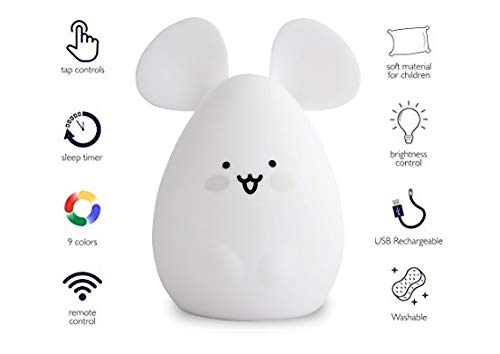 ATOMFIT LED Nursery Night Lights for Kids: Cute Animal Silicone Baby Night Light with Touch Sensor and Remote - Portable and Rechargeable Infant or Toddler Cool Color Changing Bright (Mouse)