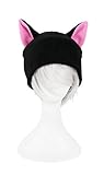 Mrawp Women's Black Fleece Cat Beanie Hat One Size (Black with Pink)