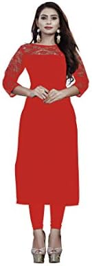 HERIJA Women's Red and Teal Color 3/4 Sleeve Crepe A-Line Kurtis