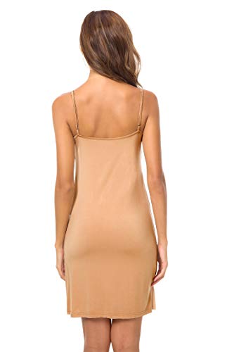 EaseWay Women's Basic Adjustable Spaghetti Strap Cami Under Mini Dress Camel - Thumbnail 2
