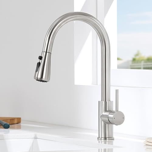 CECIPA Kitchen Sink Tap with 2 Types of Modes, Kitchen Mixer with Pull-Out Shower 40 cm, Stainless Steel Tap with Pull-Out Shower, 360° Swivel Mixer Tap