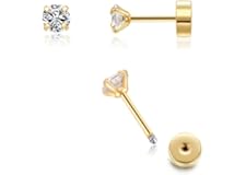 3mm Tiny CZ Screw on Flat Back Stud Earrings,14K Gold Flat Back Cubic Zirconia Earrings for Helix Cartilage Tragus Earlobe Pi