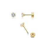 3mm Tiny CZ Screw on Flat Back Stud Earrings,Gold