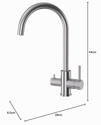 DETBOM 3 Way Kitchen Sink Tap for Osmosis Systems, 3 in 1 Double Lever Drinking Water, Hot and Cold, 360° Swivel, Stainless Steel, Brushed Silver