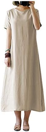Vinsmoki Women Cotton Linen Vintage Tunic A-Line Long Gown Short Sleeve Loose Casual Plain Maxi Dresses with Pocket UK10-20
