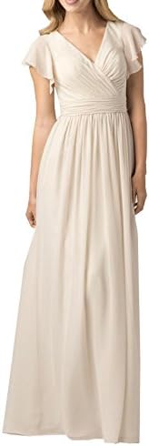 WuliDress Women's v-Neck Solid Short-Sleeve Long Gown Dress, Champagne, 10