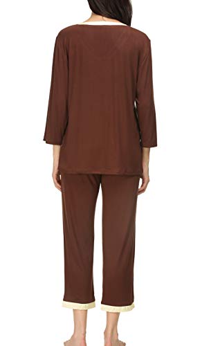 Invug Women 3/4 Long Sleeve Shirt Pants Set Sleepwear V Neck Long Pajamas Loungewear Coffee S - Thumbnail 2