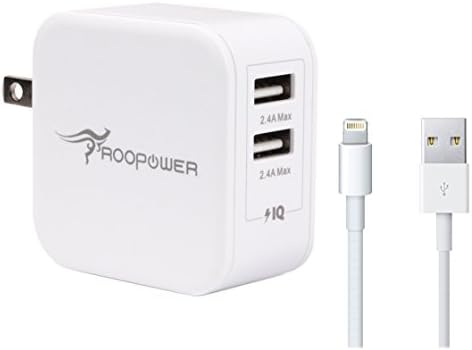 iPhone Charger, Roopower 24W/4.8A Dual USB Travel Wall Charger Adapter with Foldable Plugs and Premium Lightning Cable for Apple iPad Pro / Air / Mini, iPhone 6S 6 Plus 5S SE, iPod and More (White)