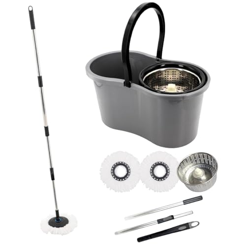 Importado - Mop com Balde Giratório Cesto em Inox, 9 Litros, Esfregão para Limpeza Lava e Seca com 2 Refis de Microfibra