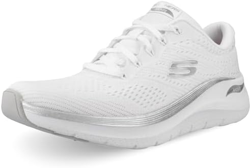 Arch Fit 2.0 Glow The Distance - Ténis femininos, malha branca e acabamento prateado, 38 EU